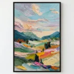 Expressionist landscape hand-painted canvas depicting rolling hills and mountains in vibrant turquoise, pink, yellow and green brushstrokes