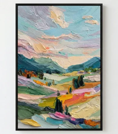 Expressionist landscape hand-painted canvas depicting rolling hills and mountains in vibrant turquoise, pink, yellow and green brushstrokes