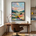 Impressionist landscape hand-painted canvas with vibrant layered brushstrokes in multicolored fields and mountains, warm and cool palette, styled study space