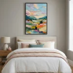 Expressionist landscape hand-painted canvas with vibrant gestural brushstrokes in turquoise, gold, and pink tones, modern bedroom