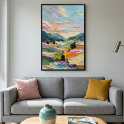 Textured impressionist landscape painting with vibrant layered brushstrokes in turquoise, ochre, and pink tones, contemporary living space