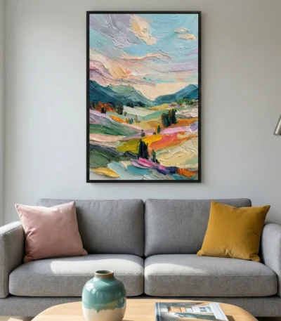 Textured impressionist landscape painting with vibrant layered brushstrokes in turquoise, ochre, and pink tones, contemporary living space
