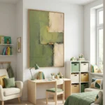 Textured abstract hand-painted canvas in muted sage green and cream tones with gestural brushwork, styled in contemporary children's room