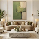 Layered abstract hand-painted canvas in muted greens and cream tones with gestural brushwork, contemporary living space