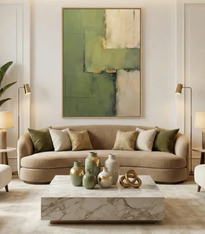 Layered abstract hand-painted canvas in muted greens and cream tones with gestural brushwork, contemporary living space