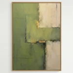 Textured abstract hand-painted canvas in layered sage green and cream with gold leaf accents and charcoal lines, contemporary living space