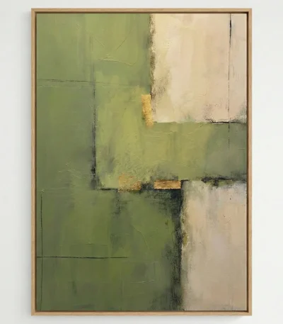 Textured abstract hand-painted canvas in layered sage green and cream with gold leaf accents and charcoal lines, contemporary living space