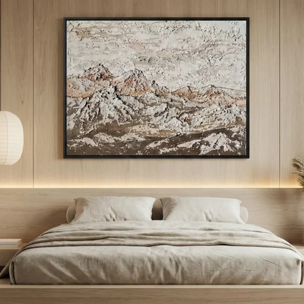 Textured abstract landscape painting in layered cream and taupe tones depicting snow-capped mountains, hand-painted canvas in modern bedroom