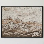 Textured abstract landscape painting depicting snow-capped mountains in cream, tan and brown tones, hand-painted canvas