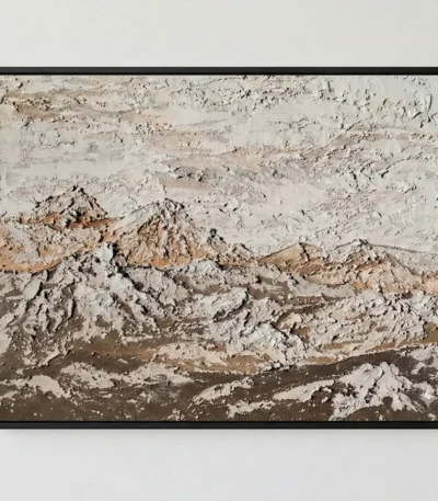 Textured abstract landscape painting depicting snow-capped mountains in cream, tan and brown tones, hand-painted canvas