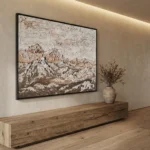 Textured abstract landscape hand-painted canvas in cream and taupe tones with layered brushwork, contemporary living space