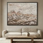 Textured landscape hand-painted canvas depicting snow-capped mountains in cream, taupe, and ochre tones, contemporary living space