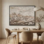 Textured landscape hand-painted canvas depicting snow-capped mountains in cream and earthy tones, contemporary dining space