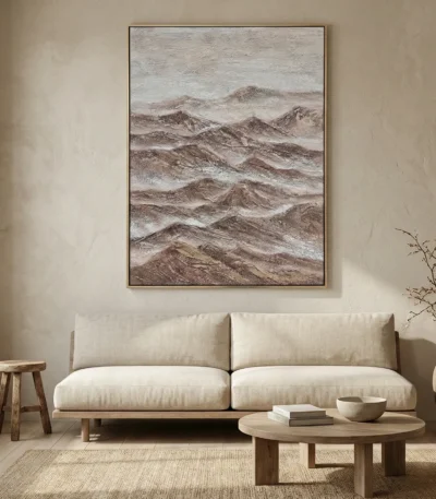 Textured landscape hand-painted canvas depicting layered mountains in warm browns and muted grays, contemporary living space