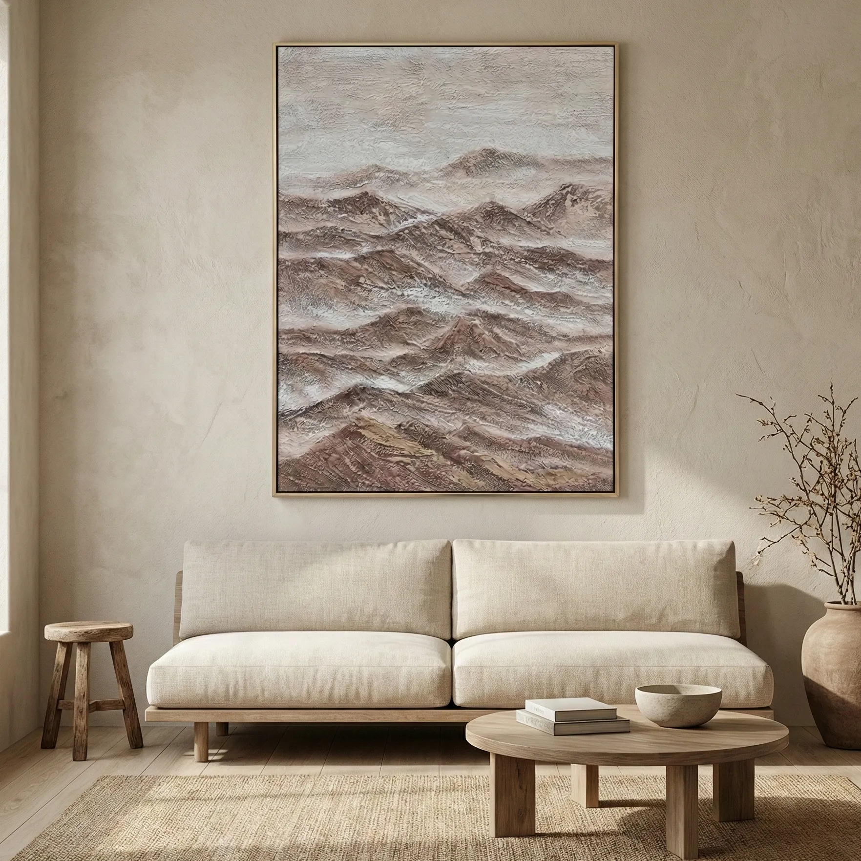 Mountain Impasto – Textured Wall Decor – Wabi Sabi Wall art (1.5) Textured landscape hand-painted canvas depicting layered mountains in warm browns and muted grays, contemporary living space