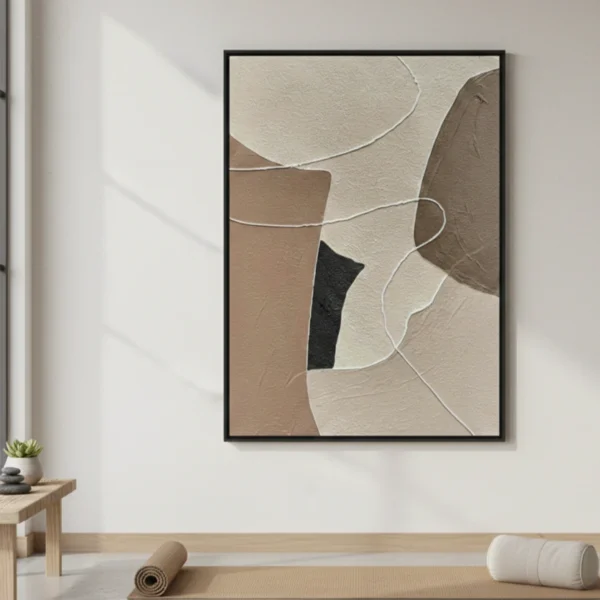 Minimalist abstract hand-painted canvas in layered cream, taupe, and black tones with organic curved lines, contemporary space