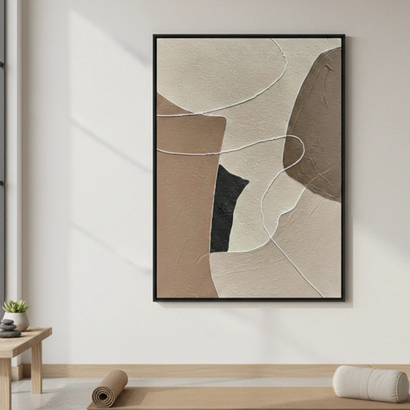 Muted Horizon Texture Sandstone hues tactile depth minimal wall decor (1.5) Minimalist abstract hand-painted canvas in layered cream, taupe, and black tones with organic curved lines, contemporary space