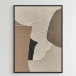 Minimalist hand-painted canvas with organic curved shapes in warm earth tones and charcoal, accented by delicate line work