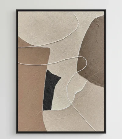 Minimalist hand-painted canvas with organic curved shapes in warm earth tones and charcoal, accented by delicate line work