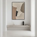 Minimalist abstract hand-painted canvas with organic curved forms in warm beige, taupe and black tones, contemporary interior