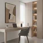 Contemporary abstract hand-painted canvas in warm neutrals and black gestural lines, modern home office
