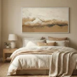 Textured abstract landscape hand-painted canvas depicting snow-capped mountains in cream and ochre tones, contemporary bedroom