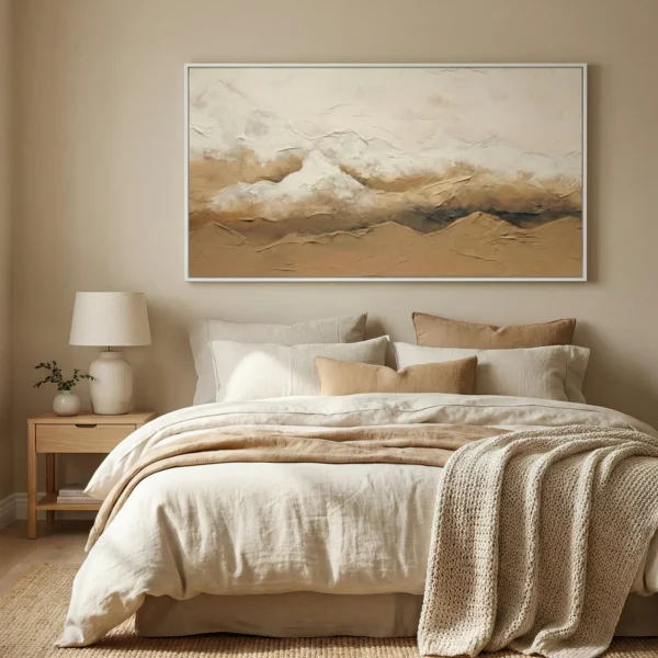 Textured abstract landscape hand-painted canvas depicting snow-capped mountains in cream and ochre tones, contemporary bedroom
