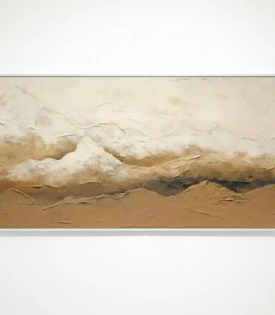 Textured landscape hand-painted canvas depicting snow-capped mountains and desert plains in warm earth tones and cream, contemporary living space