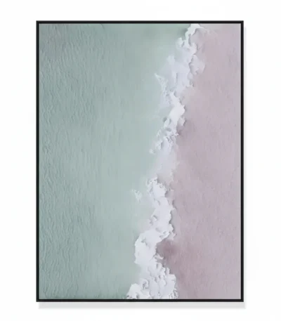 Minimalist abstract hand-painted canvas with layered white waves and soft blush pink tones, coastal aesthetic