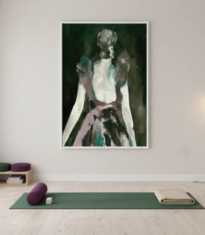 Gestural figurative hand-painted canvas in muted greens, purples, and cream tones, contemporary yoga studio