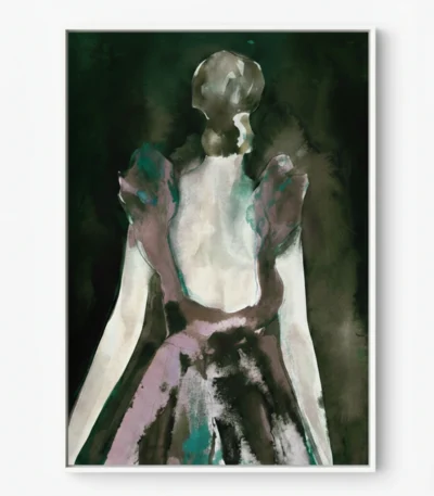 Contemporary figurative hand-painted canvas depicting an abstract figure in cream and muted jewel tones against dark background