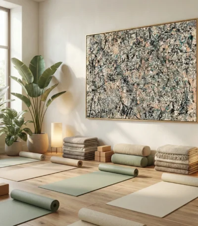 Abstract expressionist hand-painted canvas with gestural black and cream splatter marks, warm neutral palette, yoga studio setting