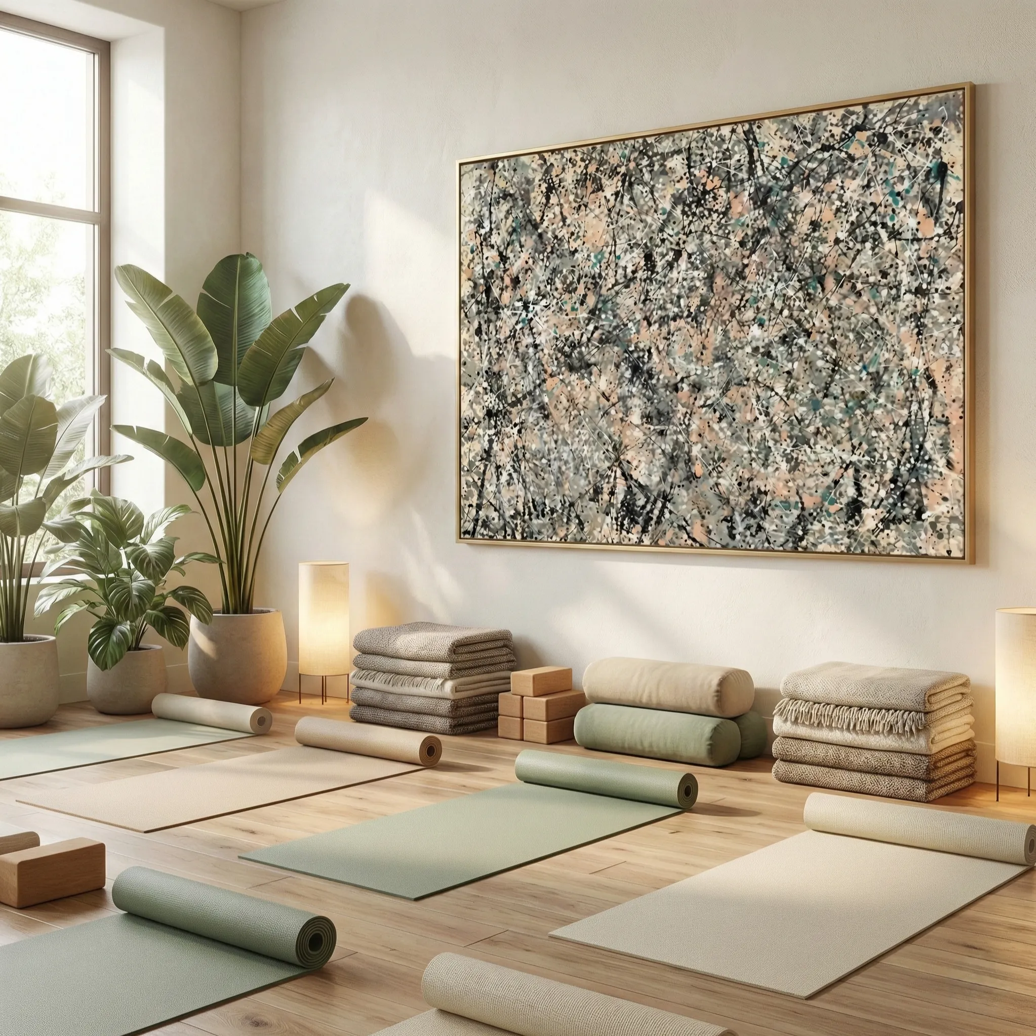 Neutral Chaos Dense layers of earth tones pollock wall art (1) Abstract expressionist hand-painted canvas with gestural black and cream splatter marks, warm neutral palette, yoga studio setting