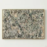 Gestural abstract expressionist hand-painted canvas in layered blacks, greys, and muted earth tones with dynamic splatter marks