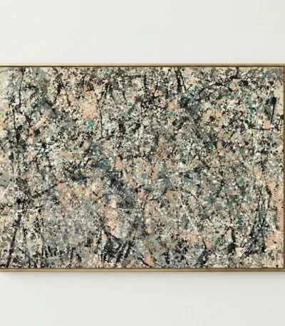 Gestural abstract expressionist hand-painted canvas in layered blacks, greys, and muted earth tones with dynamic splatter marks
