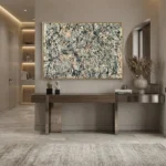 Abstract expressionist hand-painted canvas with dynamic black and cream dripped gestural marks, contemporary entryway