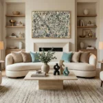 Abstract expressionist hand-painted canvas in gestural black and cream with textured layered brushstrokes, contemporary living space