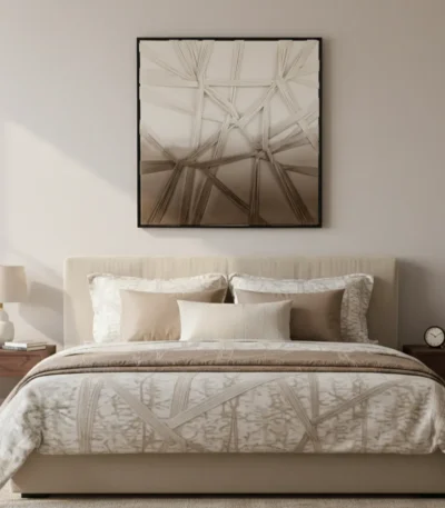 Textured abstract hand-painted canvas depicting interwoven linear forms in cream and taupe tones, modern bedroom