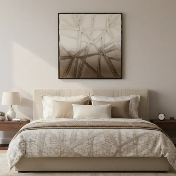 Textured abstract hand-painted canvas depicting interwoven linear forms in cream and taupe tones, modern bedroom