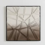 Textured abstract hand-painted canvas with intersecting linear brushstrokes in cream and taupe tones, contemporary living space