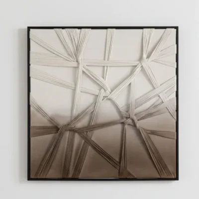 Textured abstract hand-painted canvas with intersecting linear brushstrokes in cream and taupe tones, contemporary living space