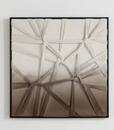 Textured abstract hand-painted canvas with intersecting linear brushstrokes in cream and taupe tones, contemporary living space