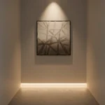 Textured abstract hand-painted canvas with intersecting linear forms in warm beige and taupe tones, contemporary alcove