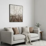 Contemporary abstract hand-painted canvas with intersecting linear forms in cream and taupe tones, modern living space