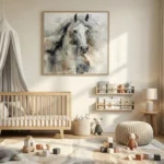 Gestural hand-painted canvas of a white horse with flowing mane in muted grays and earth tones, nursery setting