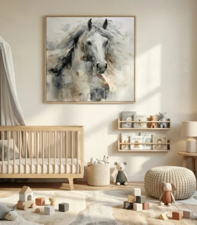 Gestural hand-painted canvas of a white horse with flowing mane in muted grays and earth tones, nursery setting