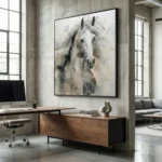 Impressionist hand-painted canvas of a white horse with flowing mane in soft grey and cream tones, contemporary office