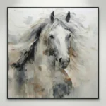 Gestural contemporary hand-painted canvas of a white horse with flowing mane in soft grays, creams and earth tones