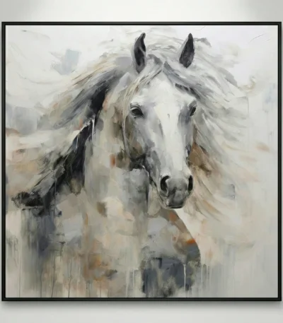Gestural contemporary hand-painted canvas of a white horse with flowing mane in soft grays, creams and earth tones