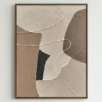 Textured abstract hand-painted canvas with layered geometric shapes in warm beige, taupe, and black tones